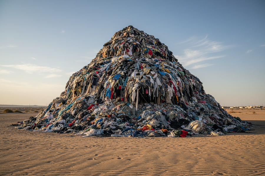 mountain of waste clothes in desert