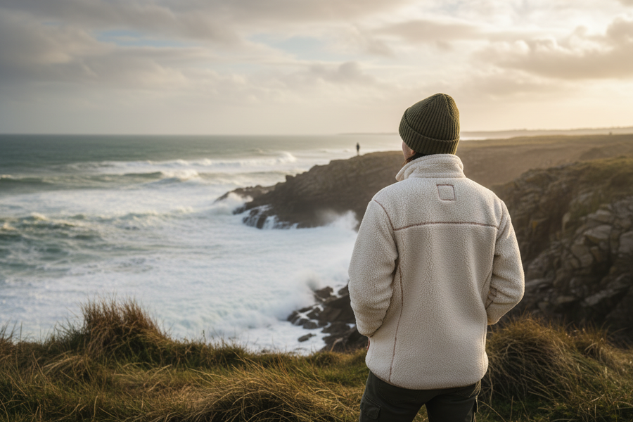 person wearing it by the sea, person in the distance